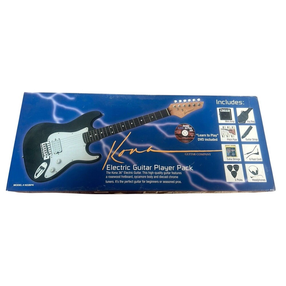 Kona KE2BPK 36" Electric Guitar Player Pack In Box Complete Beginner Set Black